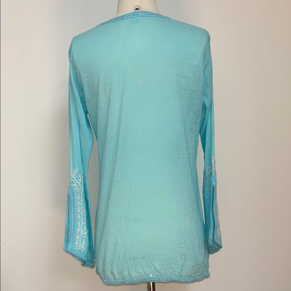 Melissa Odabash Sea Blue Embroidered Beaded Tunic Cover-Up Aqua Boho Luxe - Picture 4 of 11
